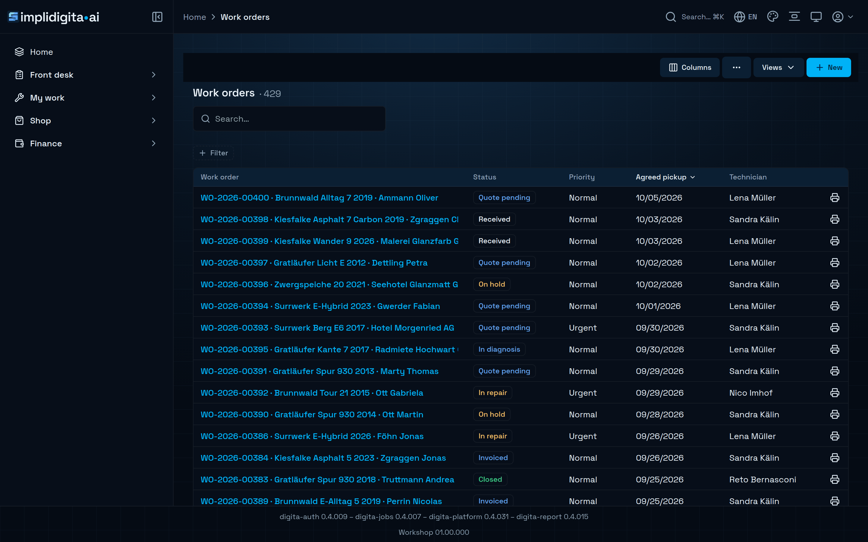 The work-order list of a workshop app