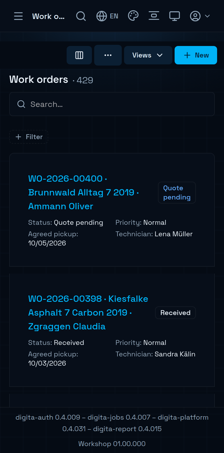 The work-order list on a phone